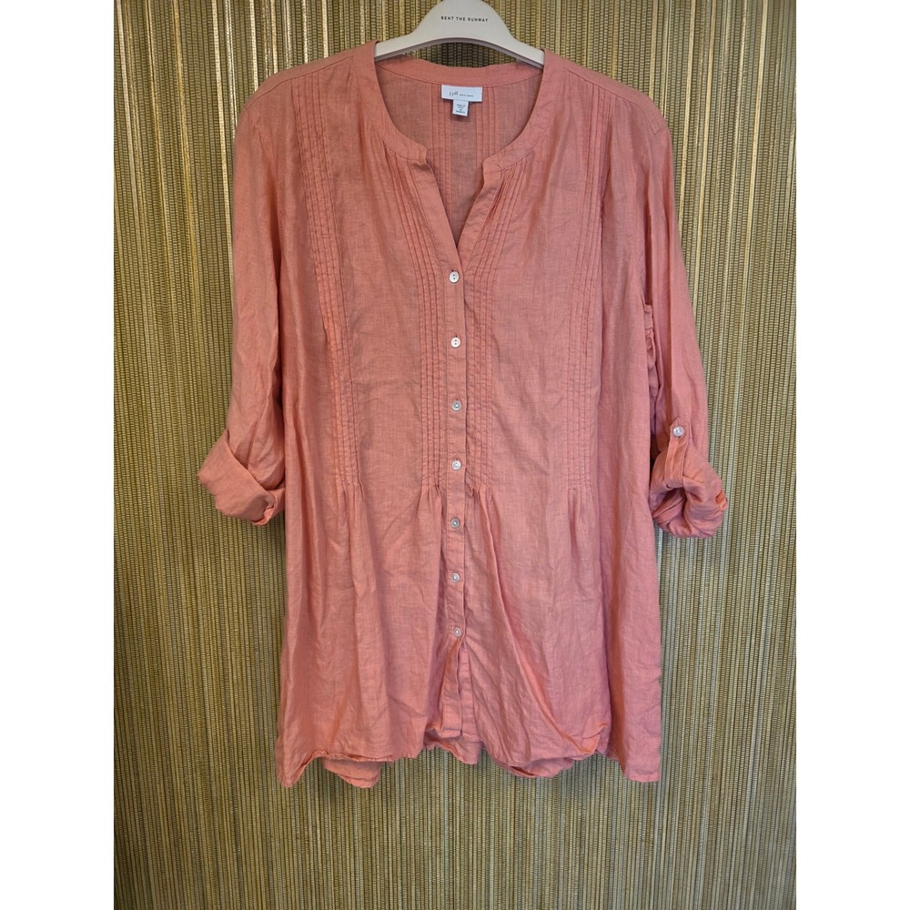 J. Jill Love Linen Coral Pink Pintuck Button Front Tunic Top Womens 2X Plus